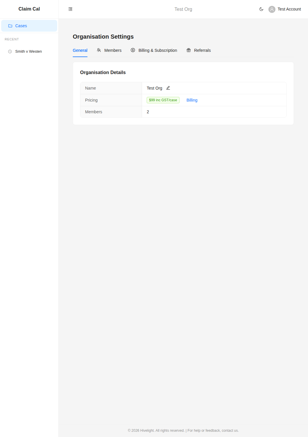Organisation Settings General tab showing organisation name, pricing, and member count