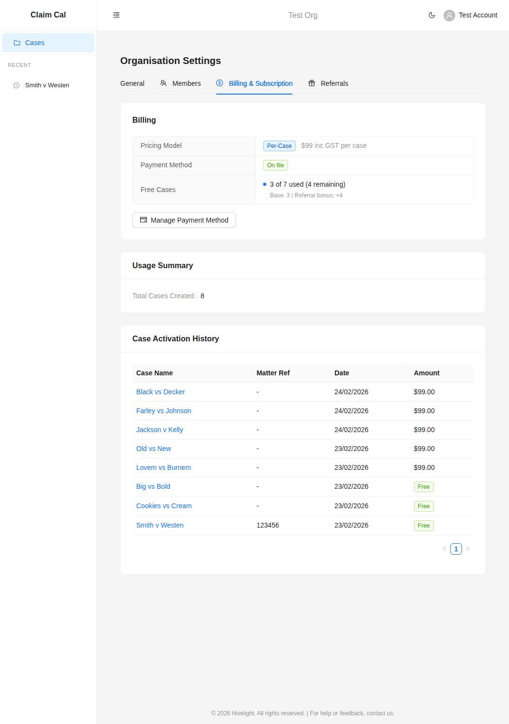 Billing & Subscription tab showing pricing model, payment method, free cases, and case activation history