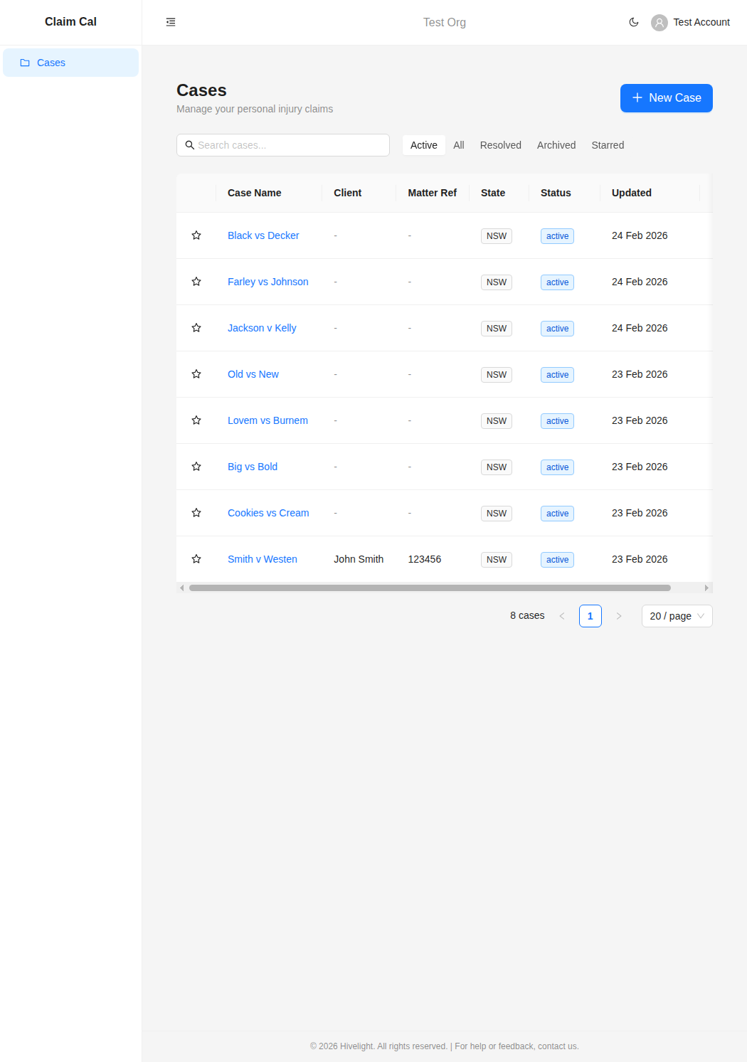Cases dashboard showing the cases table with search and filters